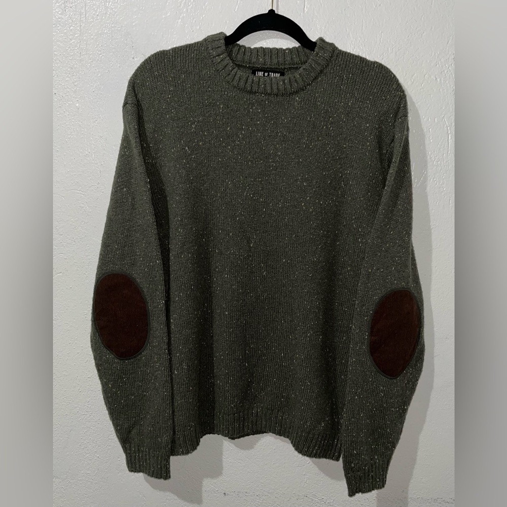 Line of Trade Wool Blend Fisherman Sweater Men’s Sz L Speckled Elbow Patch,Green